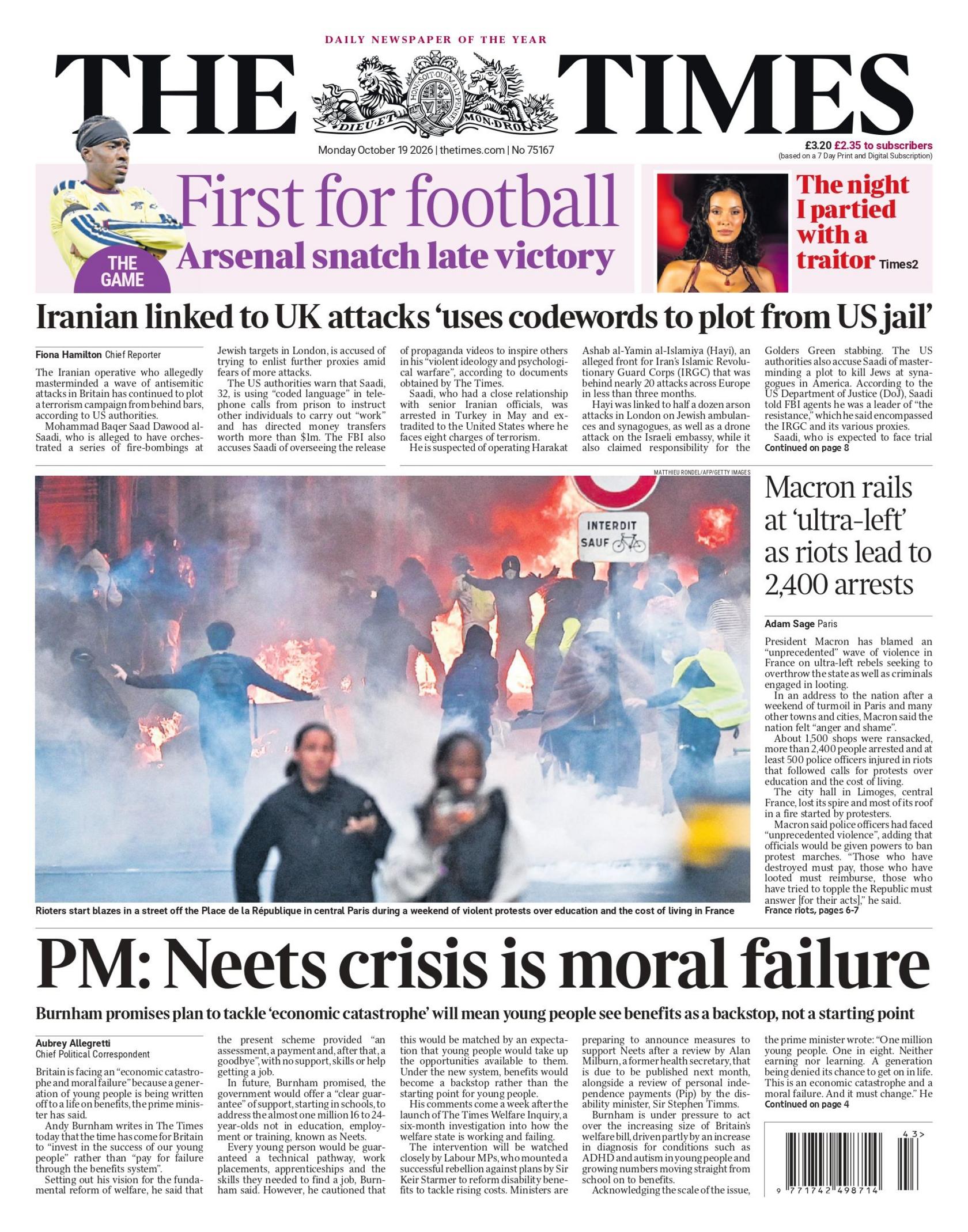 The headline on the front page of the Times reads: "PM: Neets crisis is moral failure".
