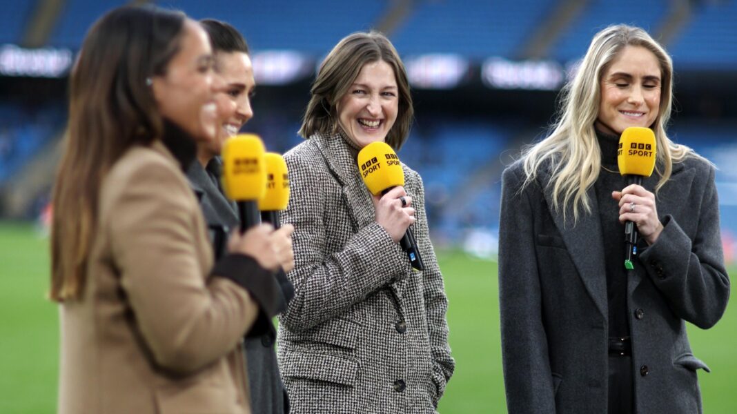 Alex Scott, Fara Williams, Ellen White and Steph Houghton holding BBC Sport microphones