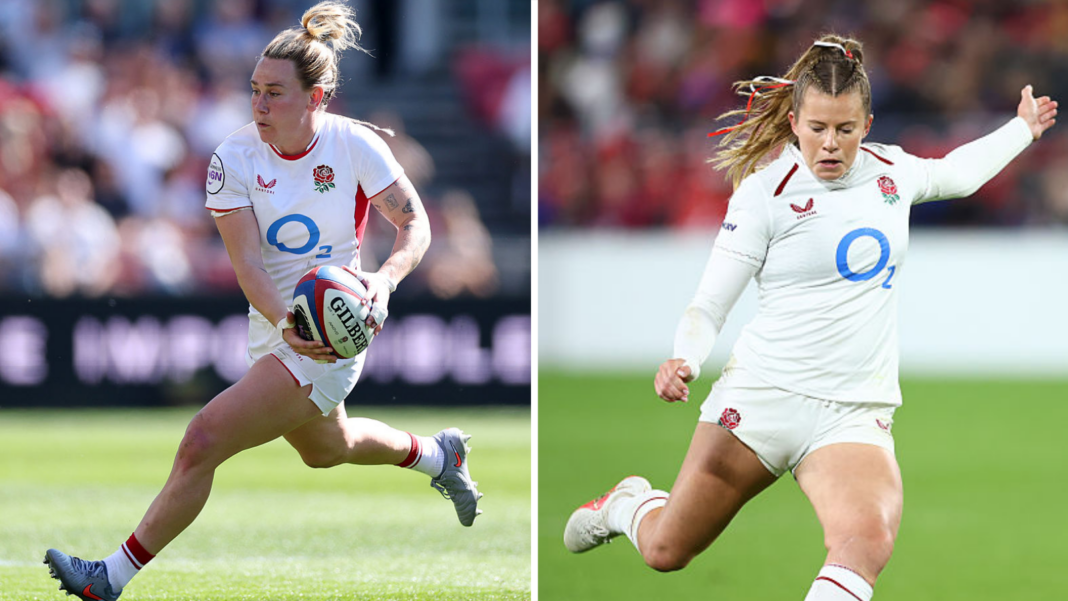 Megan Jones and Zoe Harrison of England in white England kit during the Women's Guinness Six Nations 2026 match between England and Wales at Ashton Gate on April 25, 2026 in Bristol, England.