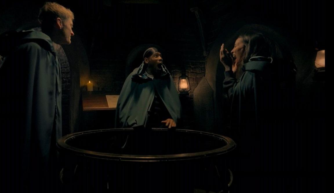 James Acaster, King Kenny and Maya Jama in the castle turret as traitors
