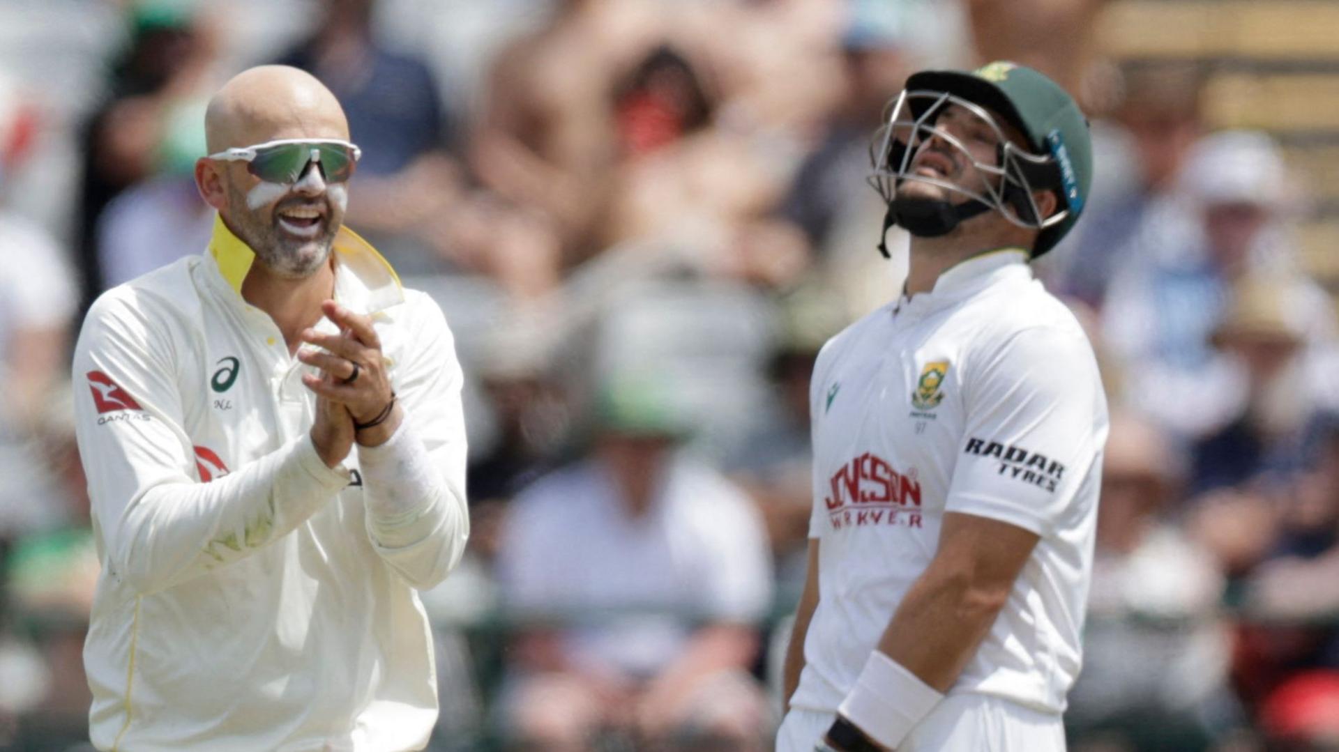 Nathan Lyon and Aiden Markram react after Ackerman dismissal