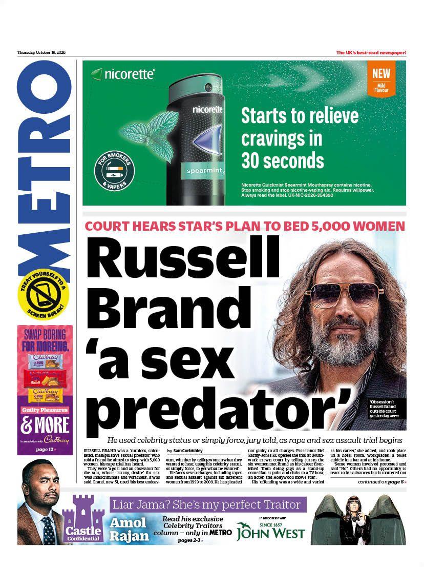 The front page headline of the Metro reads 'Russell Brand a "sex predator"''