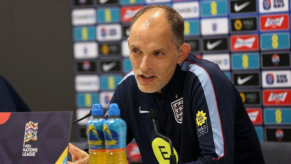 Thomas Tuchel speaking in an England news conference