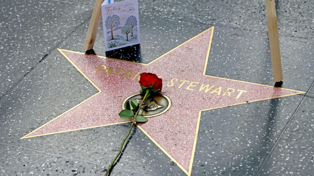 A single red rose lies on a Hollywood star for Sir Patrick Stewart. A card stands next to the star.