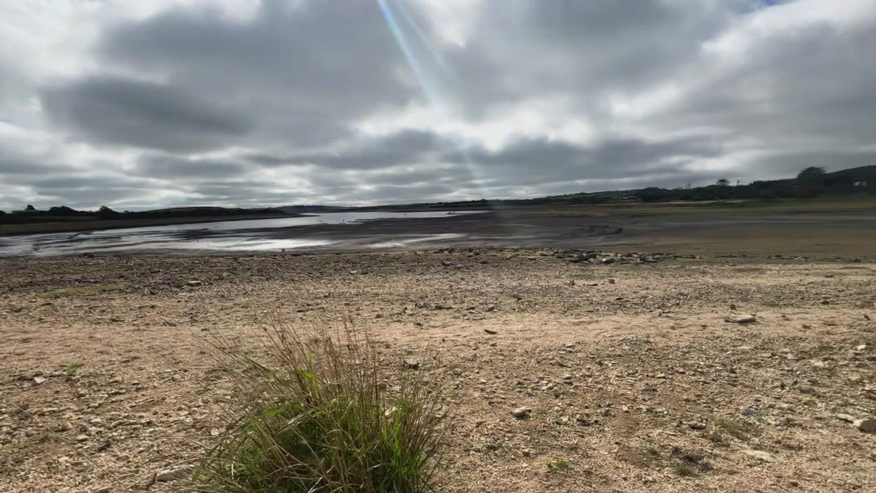 Reservoir showing mud lake bed and grass.