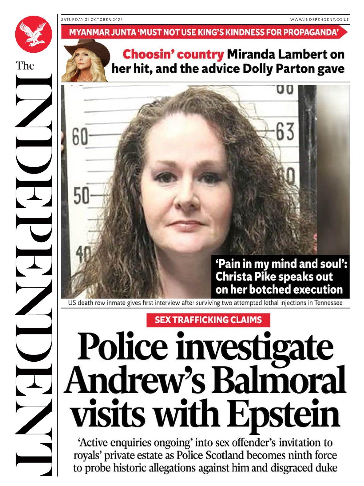 The headline on the front page of the Independent reads: "Police investigate Andrew's Balmoral visits with Epstein".