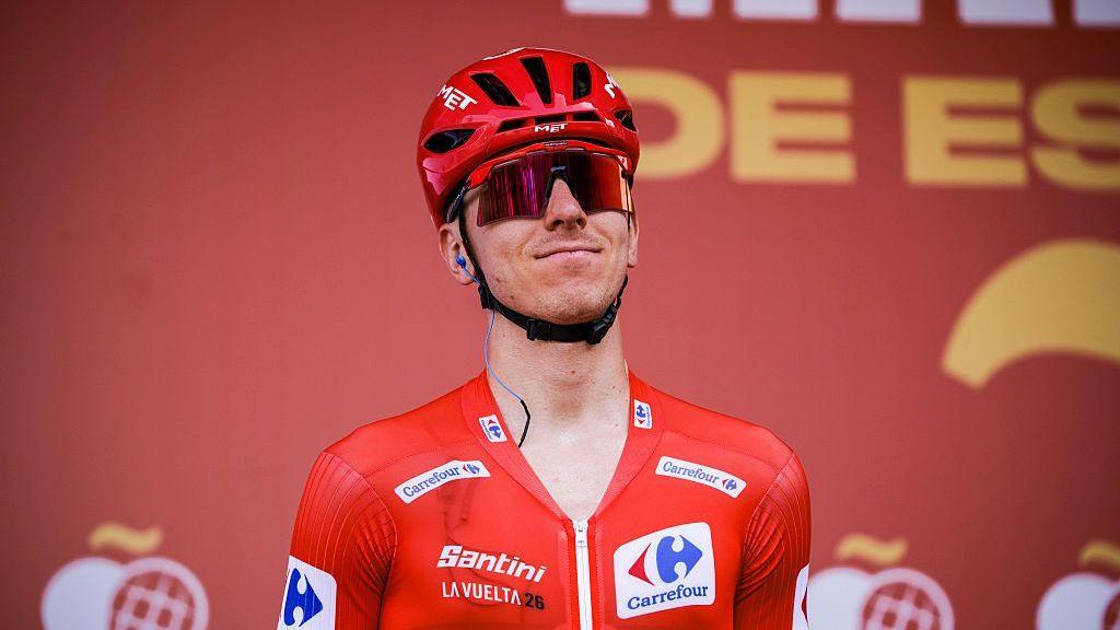 Tadej Pogacar on the podium at the Vuelta a Espana in August