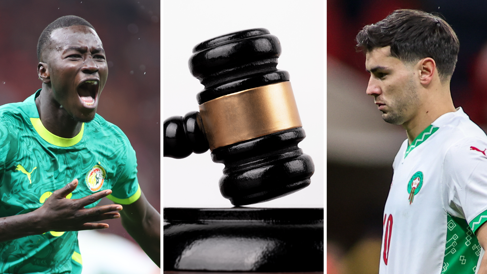 A triptych showing, from left to right, Pape Gueye celebrating his goal for Senegal during the 2025 Afcon final, a black gavel resting its block, and Morocco forward Brahim diaz looking disconsolate. Gueye, visible from waist up wearing a green jersey, is running with his mouth wide open as he screams in joy while his right hand is spread in front of his chest as if he it about to beat it. The head of the gavel, which stands out boldly against a white background, features a copper band around its middle. Diaz, also visible from waist up, is wearing a white Morocco away jersey with red and green trim