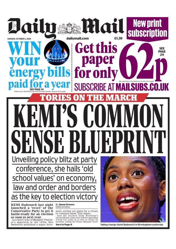 The headline on the front page of the Mail reads: "Kemi's common sense blueprint".
