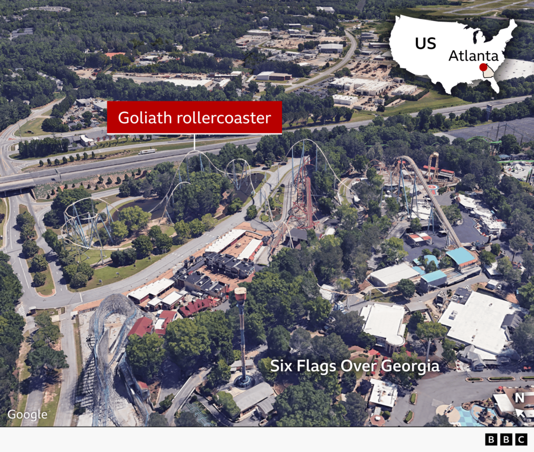 One dead and several hurt after rollercoaster incident at US amusement park An annotated aerial image shows the Goliath rollercoaster located within the Six Flags Over Georgia amusement park. An inset map shows the location of Atlanta, and wider Georgia, within the United States