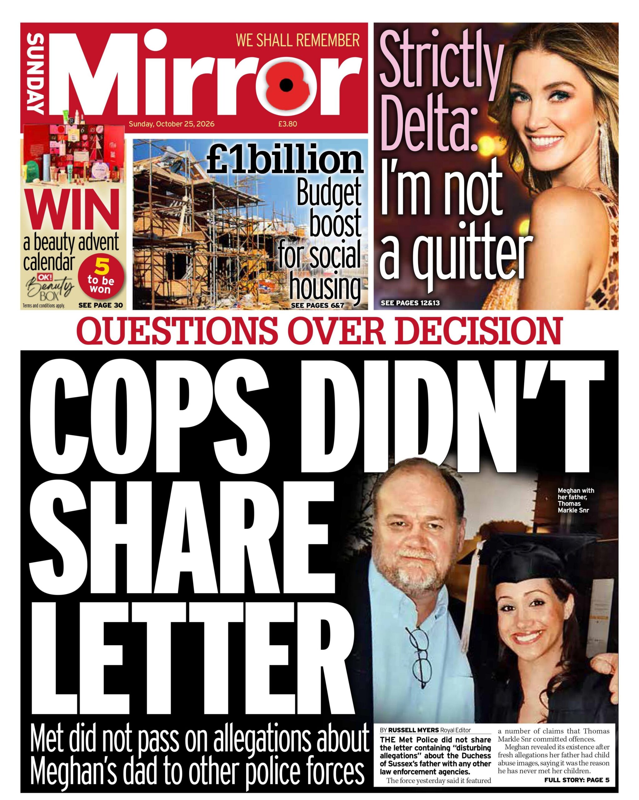 "Cops didn't share letter," reads the headline on the front page of the Sunday Mirror.