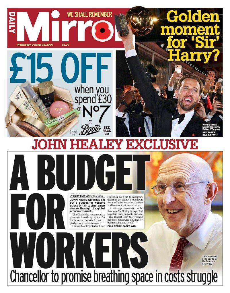 The headline on the front page of the Mirror reads: “A Budget for workers”.