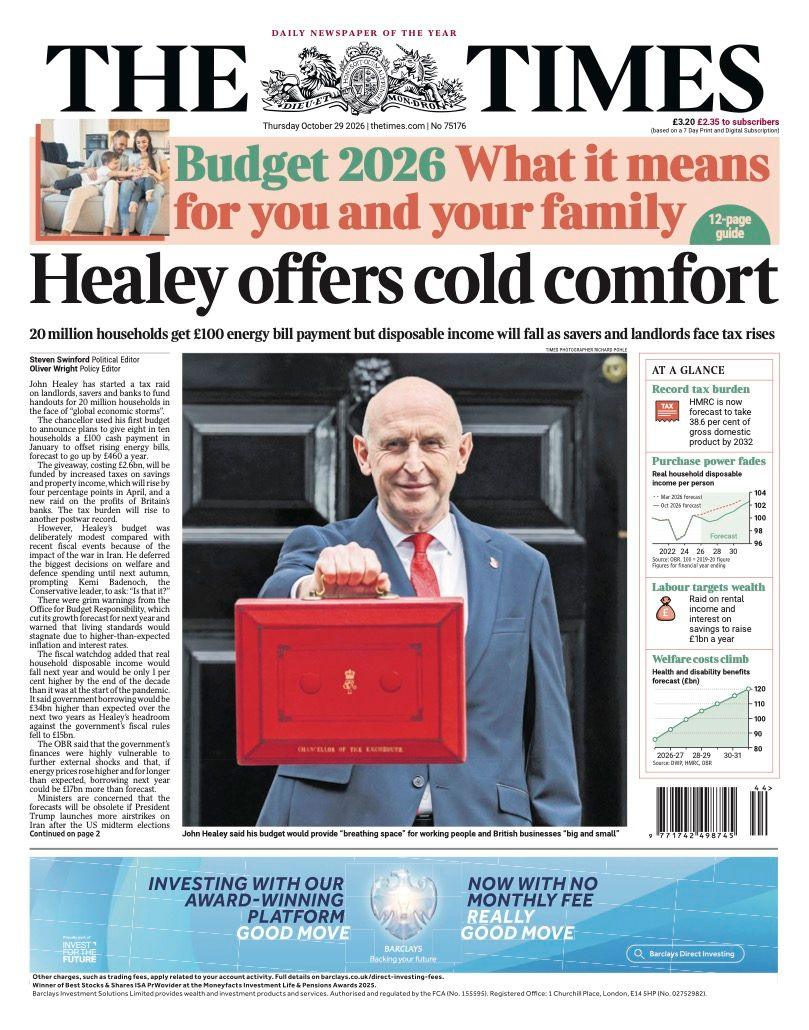 The headline on the front page of the Times reads: 'Healey offers cold comfort.'