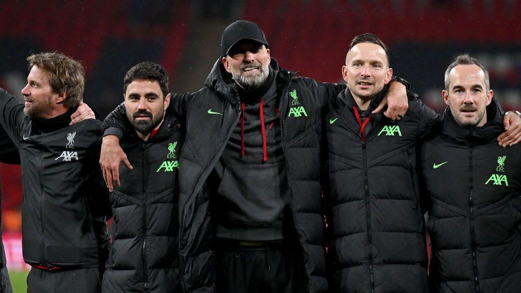 Andreas Kornmayer, Vitor Matos, manager Jurgen Klopp, Pepijn Lijnders and Jack Robinson of Liverpool after the Carabao Cup Final match between Chelsea and Liverpool at Wembley Stadium on 25 February 2024