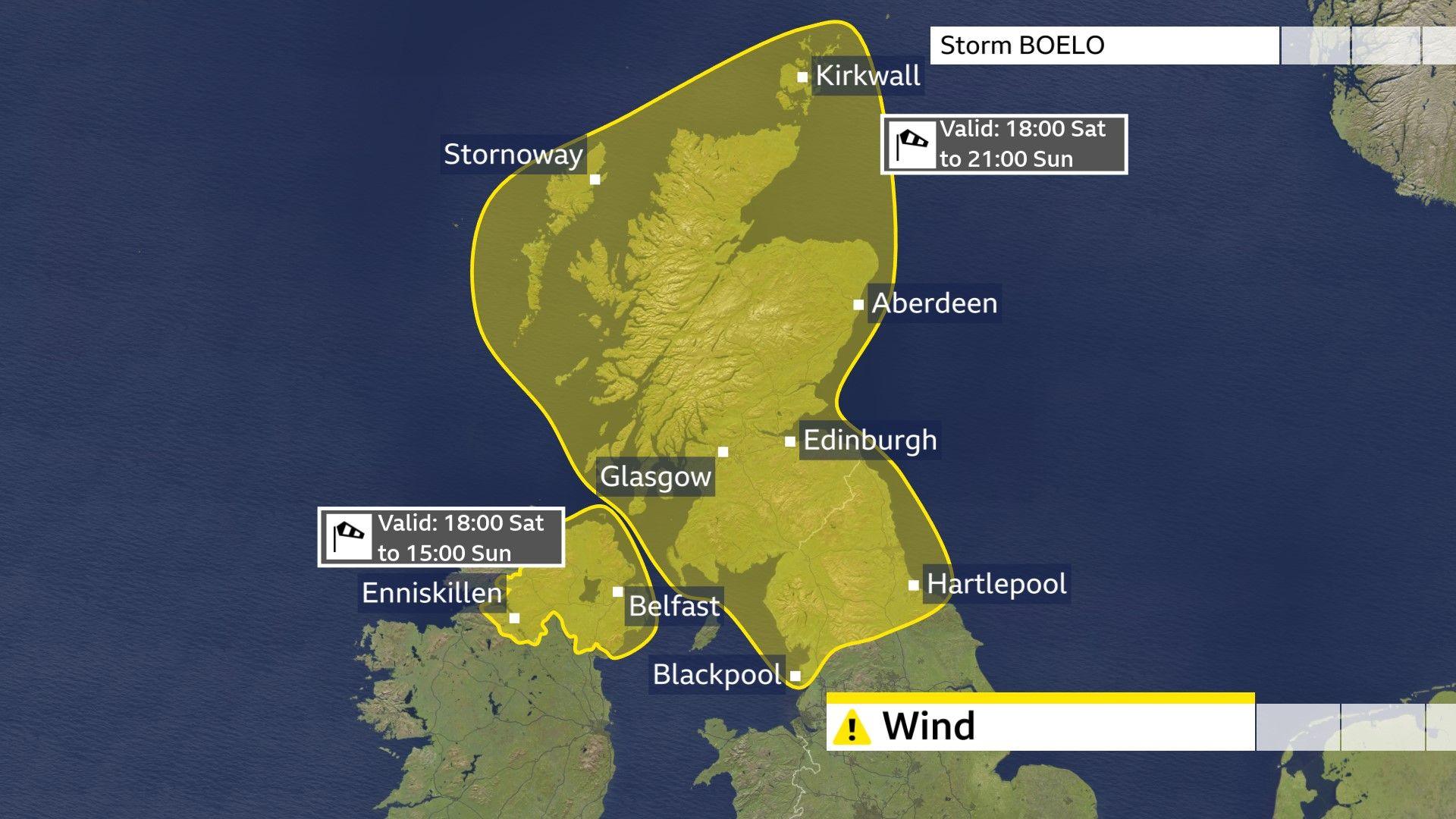 A photo showing areas covered by wind warnings for storm Boelo
