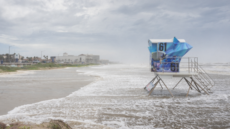 The shoreline in Galveston, Texas during a tropical storm warning on June 17, 2026