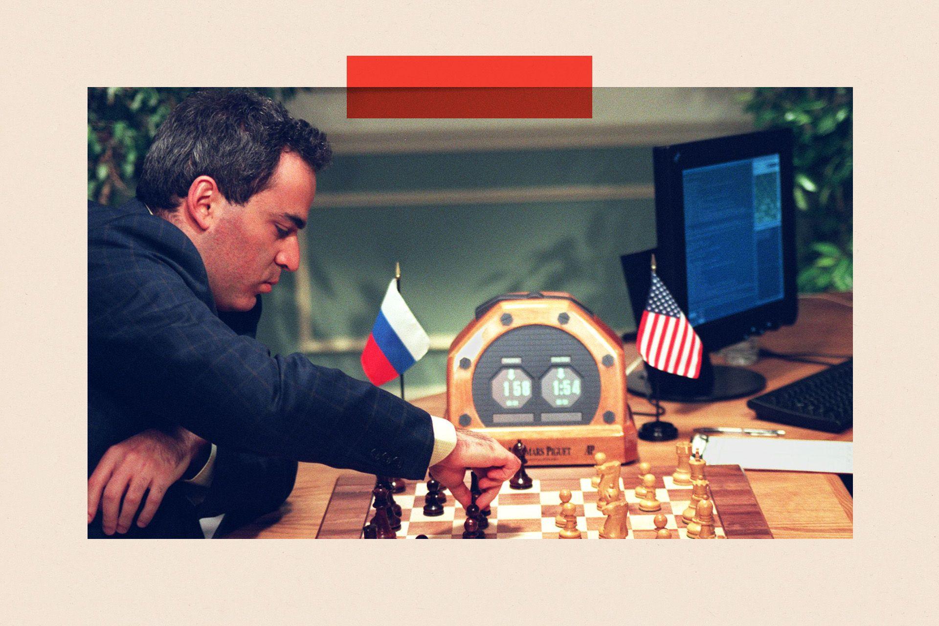 World Chess Champion Garry Kasparov (L) makes a move 07 May in New York during his fourth game against the IBM Deep Blue chess computer