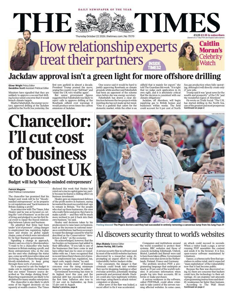 The headline on the front page of the Times reads: 'Chancellor: I'll cut cost of business to boost UK.'