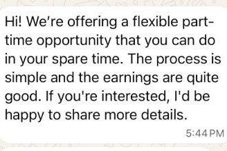 Screenshot of WhatsApp message saying "Hi! We're offering a flexible part-time opportunity that you can do in your spare time. The process is simple and the earnings are quite good. If you're interested, I'd be happy to share more details.