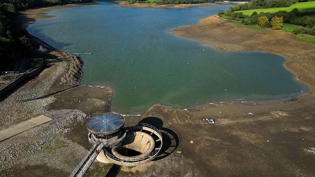 Ariel photograph of a reservoir looking very dry compared to normal