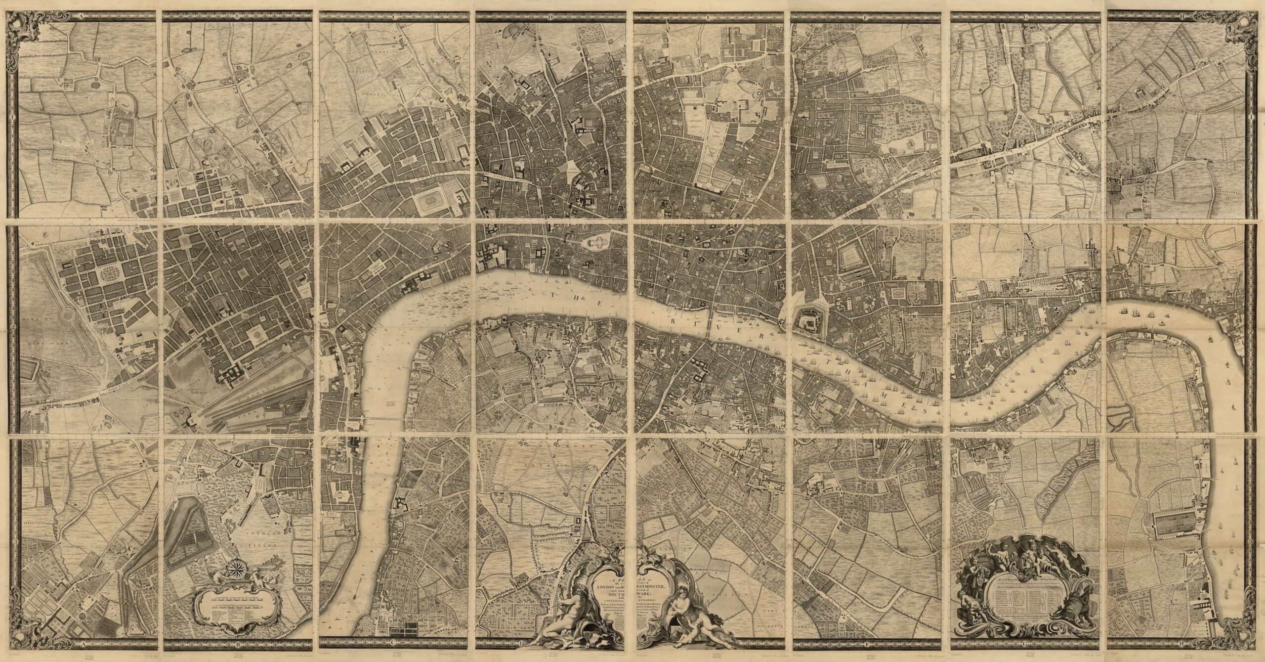 An antique map of London, printed in faded brown and cream, is divided into rectangular panels. The River Thames snakes across the centre, dotted with tiny boats. Dense streets crowd its banks, giving way to fields towards the edges. Ornate illustrations and decorative title panels embellish the map’s lower border.