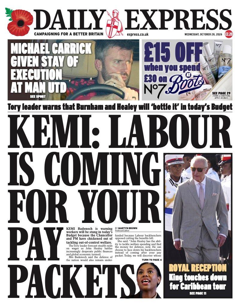 The headline on the front page of the Daily Express reads: “Kemi: Labour is coming for your pay packets”.