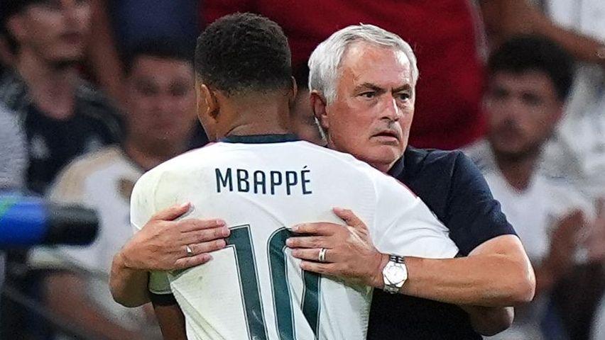 Jose Mourinho hugs Kylian Mbappe