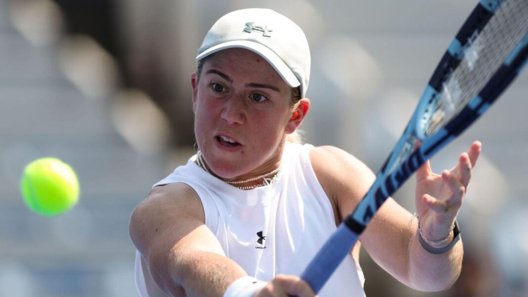 Sonay Kartal plays a backhand during her match against Belinda Bencic at the Wuhan Open
