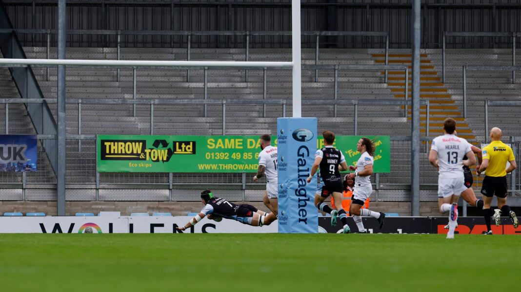 Ross Vincent scores a try in front of an empty North Terrace against Newcastle on Sunday
