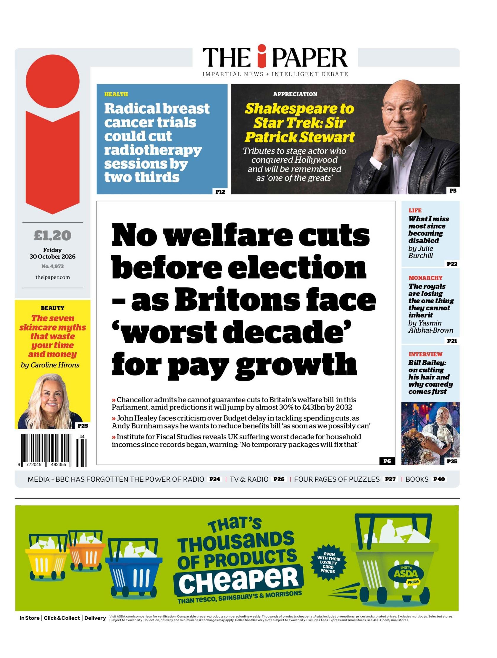 "No welfare cuts before election – as Britons face 'worst decade' for pay growth," reads the headline on the front page of the i Paper.