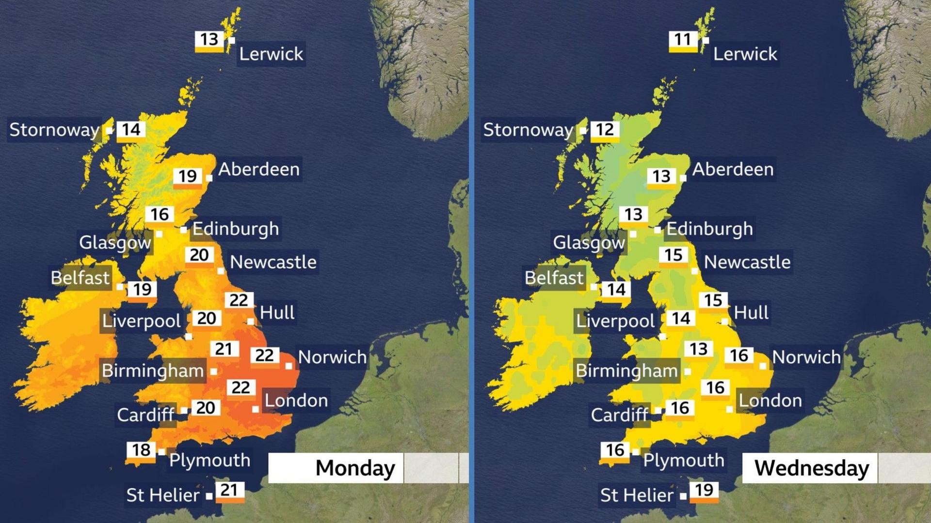Two weather maps showing temperatures for Monday and Wednesday. On Monday they range from 13C in Lerwick to 22 in Hull, Norwich and London. On Wednesday they range from 11C in Lerwick to 19C in St Helier.