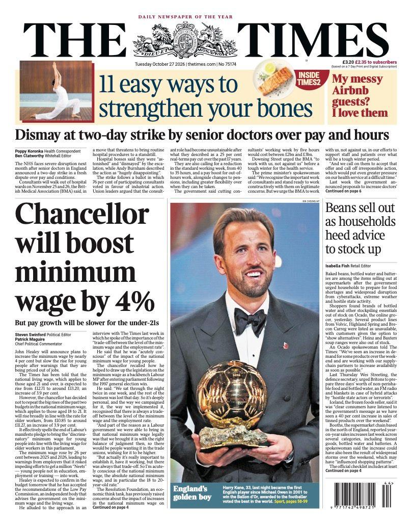 The headline on the front page of the Times reads: “Chancellor will boost minimum wage by 4%”.