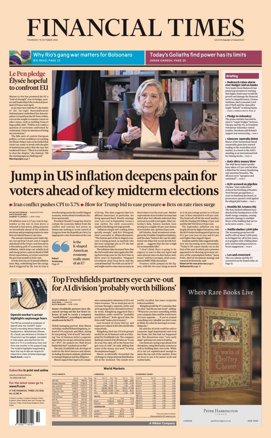 The front page headline of the Financial Times reads 'Jump in US inflation deepens pain for voters ahead of key midterm elections'