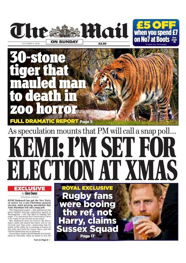 The headline on the front page of the Mail on Sunday reads: “Kemi: I'm set for election at xmas”.