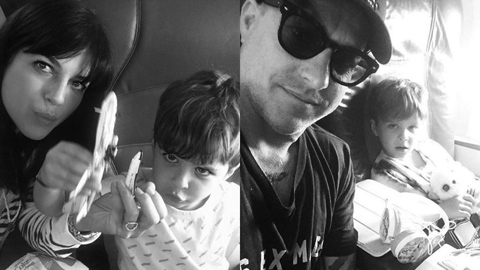 Selma Blair, Jason Bleick and their son Arthur on the plane back to America
