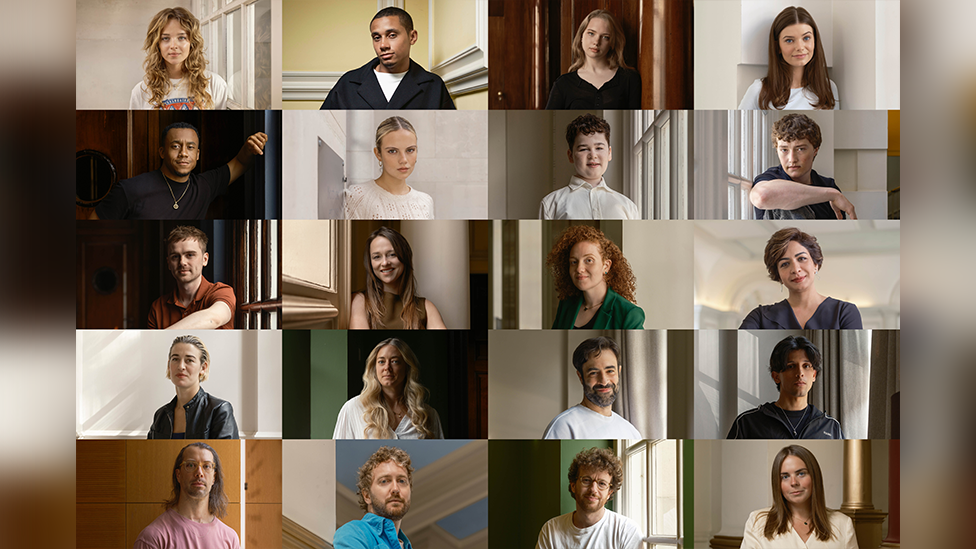 Close up shots of 20 people in a collage. They are all headshots against neutral backgrounds.
