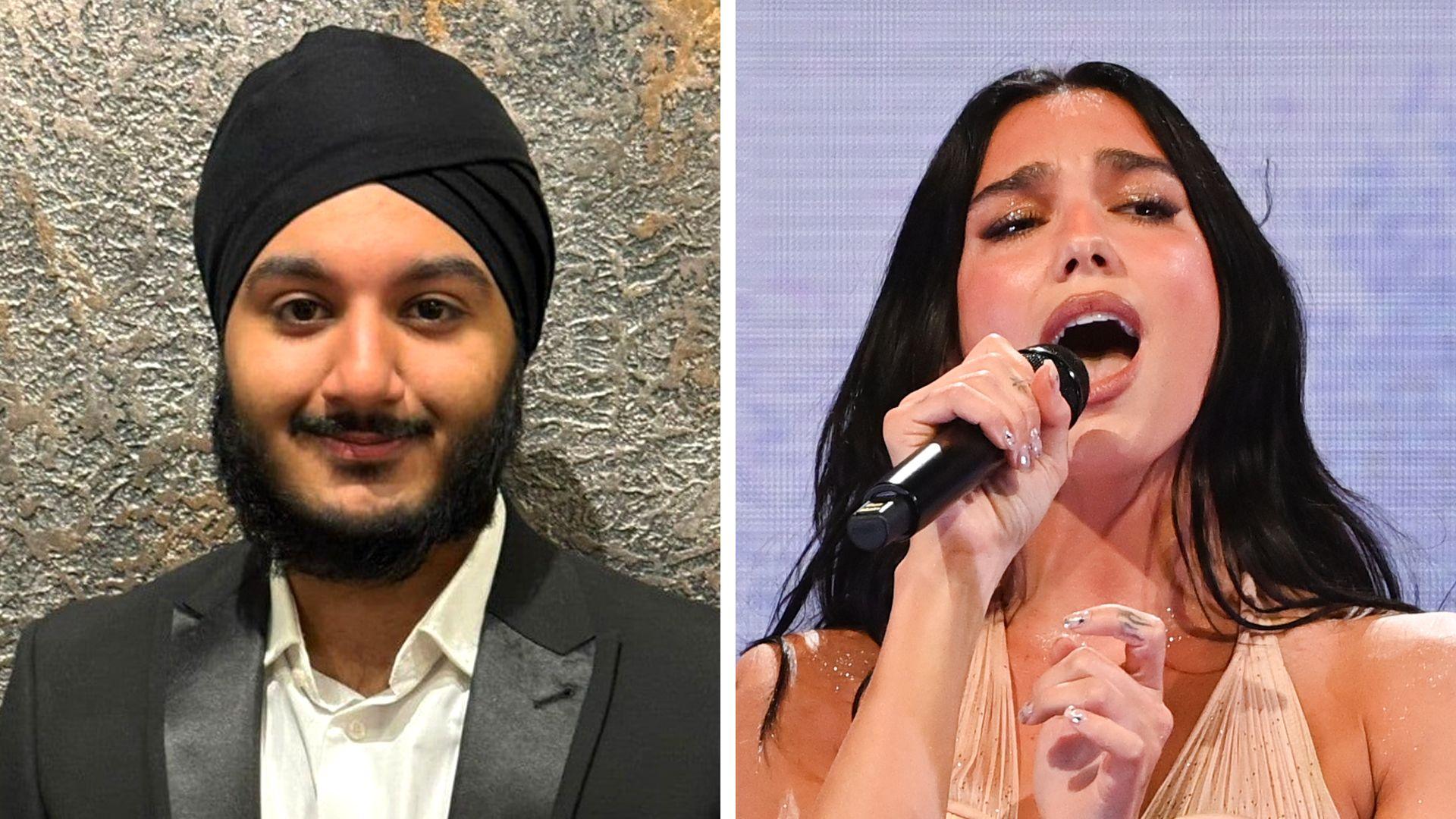 Composite image showing Eknoor Singh on the left, a young man with a beard and a turban, and popstar Dua Lipa on the right, singing into a microphone
