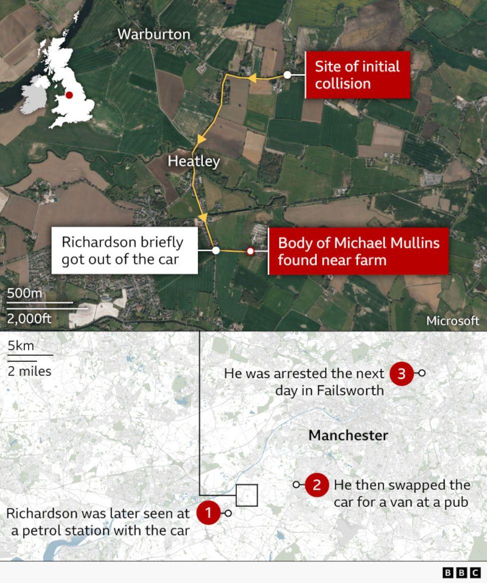 Map showing the 2.2km route taken by Simon Richardson after a collision near Warburton, Greater Manchester, in which cyclist Michael Mullins was killed. The map marks the site of the initial collision, where Mullins's body was later found near a farm, and a point where Richardson briefly left his car. A wider map of Greater Manchester below shows Richardson was later seen at a petrol station in Lymm, swapped the car for a van at a pub in Altrincham, and was arrested the following day in Failsworth.