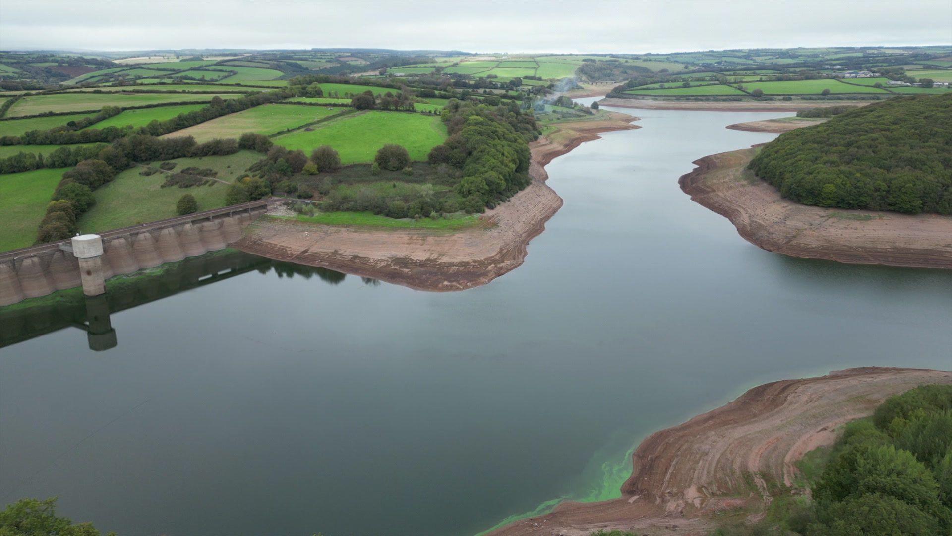 Wimbleball Reservoir from above showing how the levels are low.