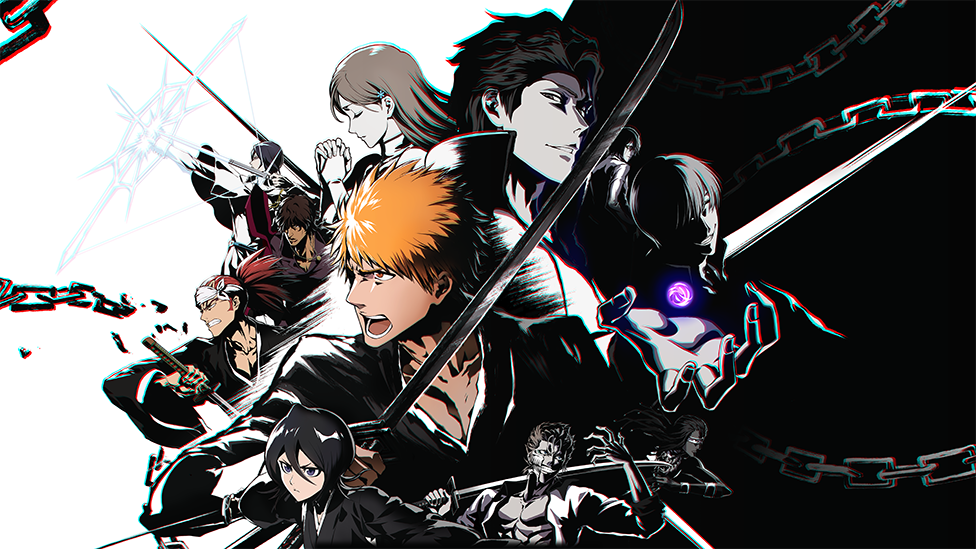 Artwork for bleach shows Ichigo Kurosaki at the centre of a collection of nine characters from Bleach. Each one is stylised and has a distinctive garment or feature. A diagonal line cuts through the middle of the picture, dividing the group into "light" and "dark" sides.