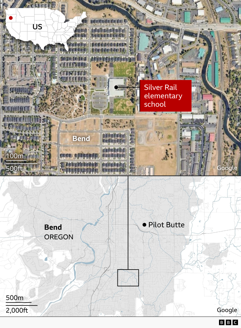 A map shows the location of Silver Rail elementary school in Bend, Oregon, US.