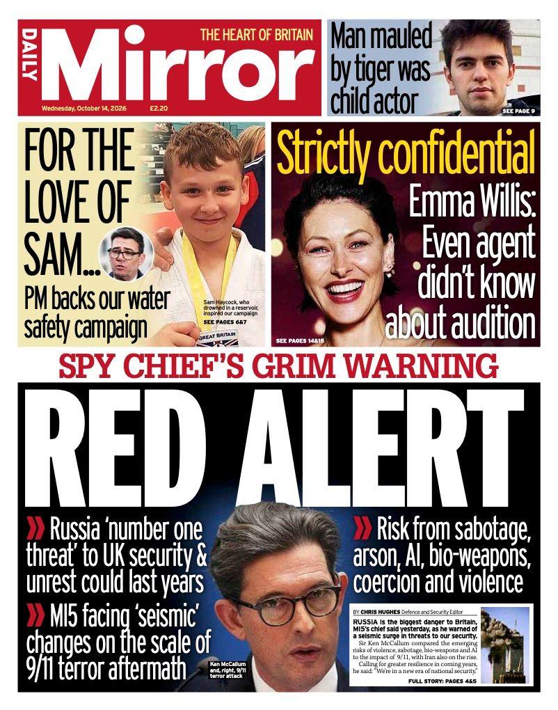 "Red alert" reads the headline on the front page of the Daily Mirror.