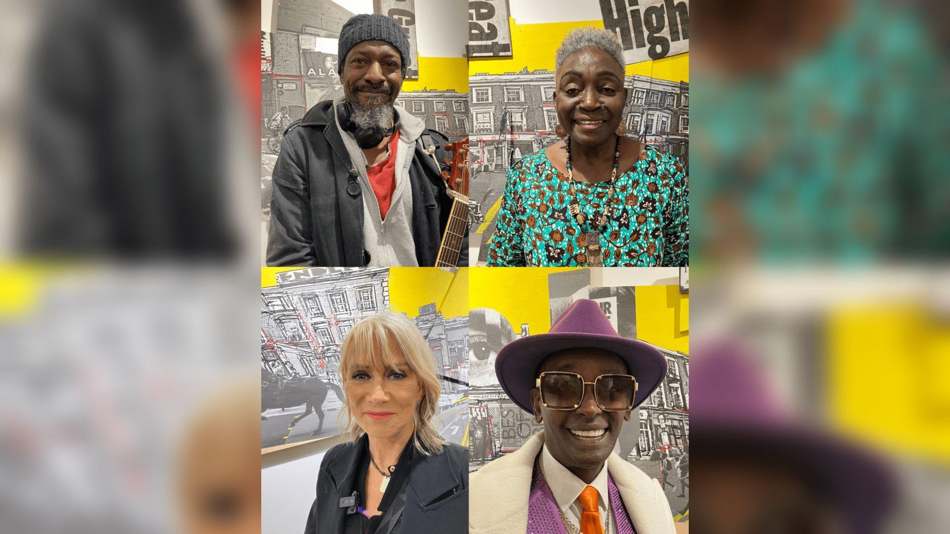 From top left: Karl Amata holds a guitar and wears a grey beanie, Allyson Williams smiles in a patterned turquoise dress, Cheryl Devlin wears a black blazer and has blonde hair, Jama Emli wears a purple fedora, matching suit and big sunglasses.