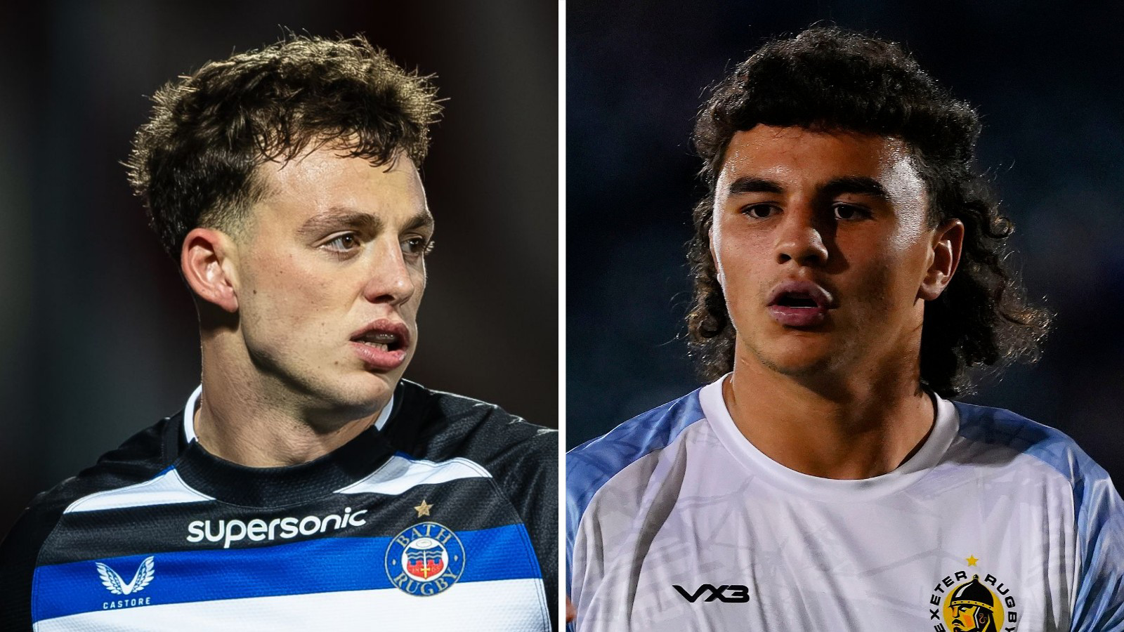 Louie Hennessey in Bath kit and Kane James in an Exeter top