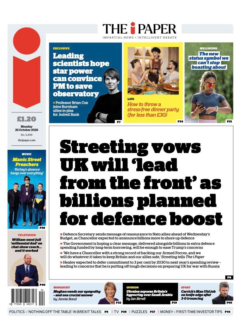 The headline on the front page of the i Paper reads: "Streeting vows UK will 'lead from the front' as billions planned for defence boost".
