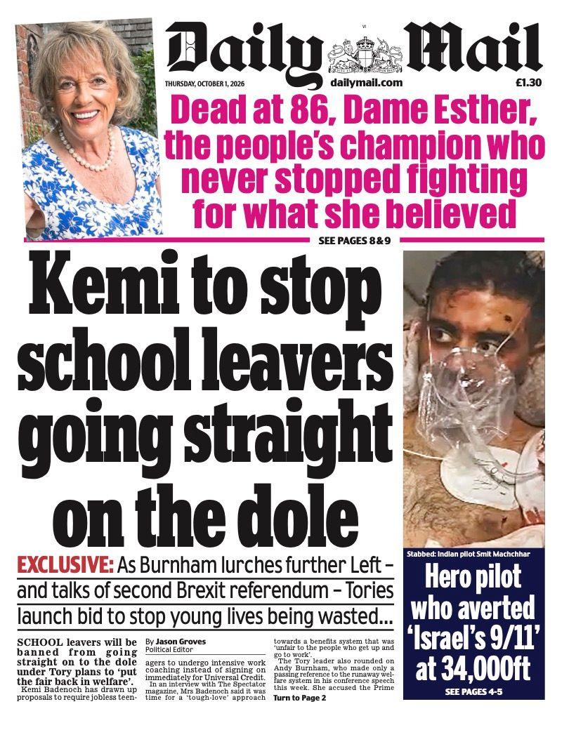 The headline on the front page of the Daily Mail reads: “Kemi to stop school leavers going straight on the dole".