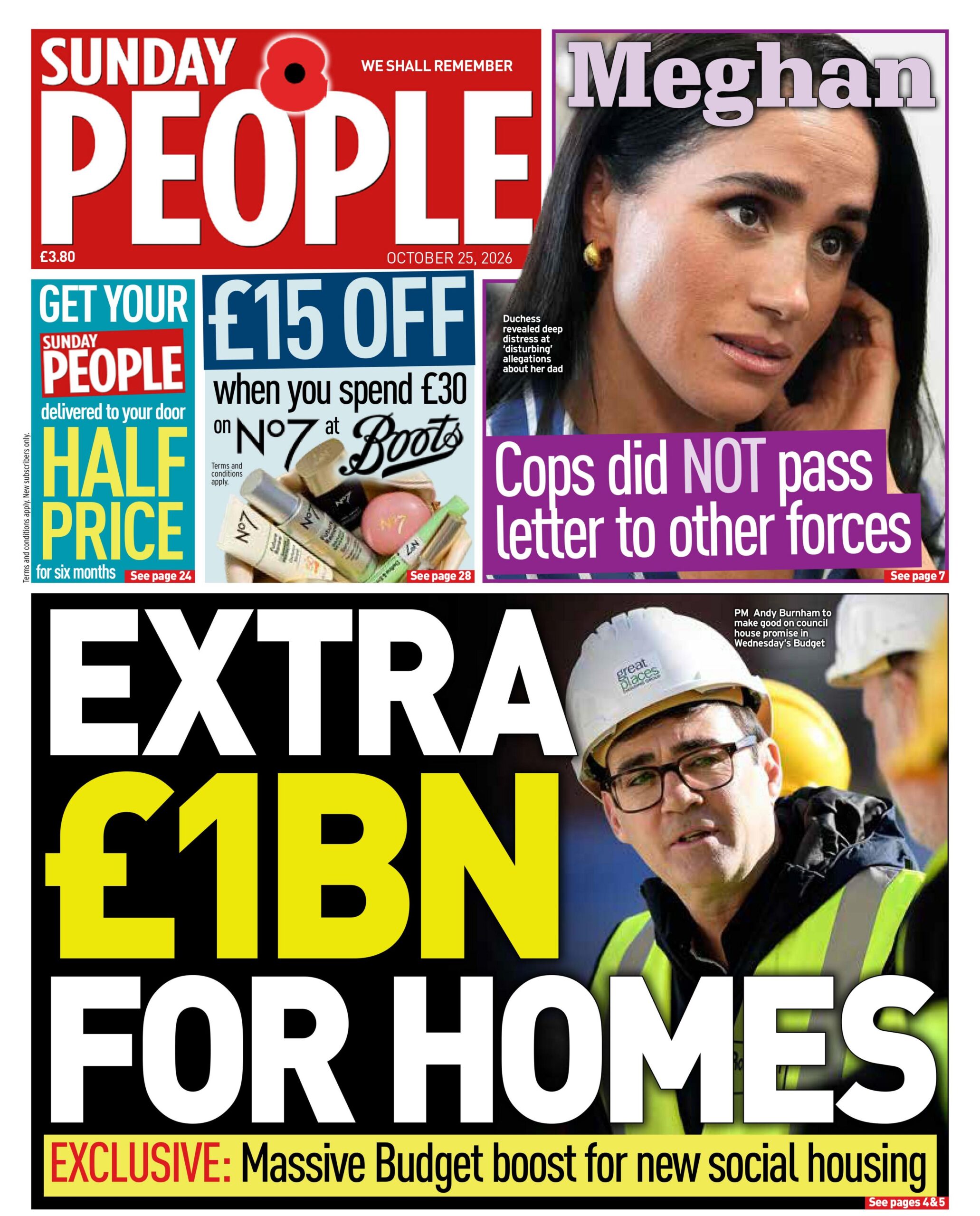 "Extra £1bn for homes: Massive Budget boost for new social housing," reads the headline on the front page of the Sunday People.