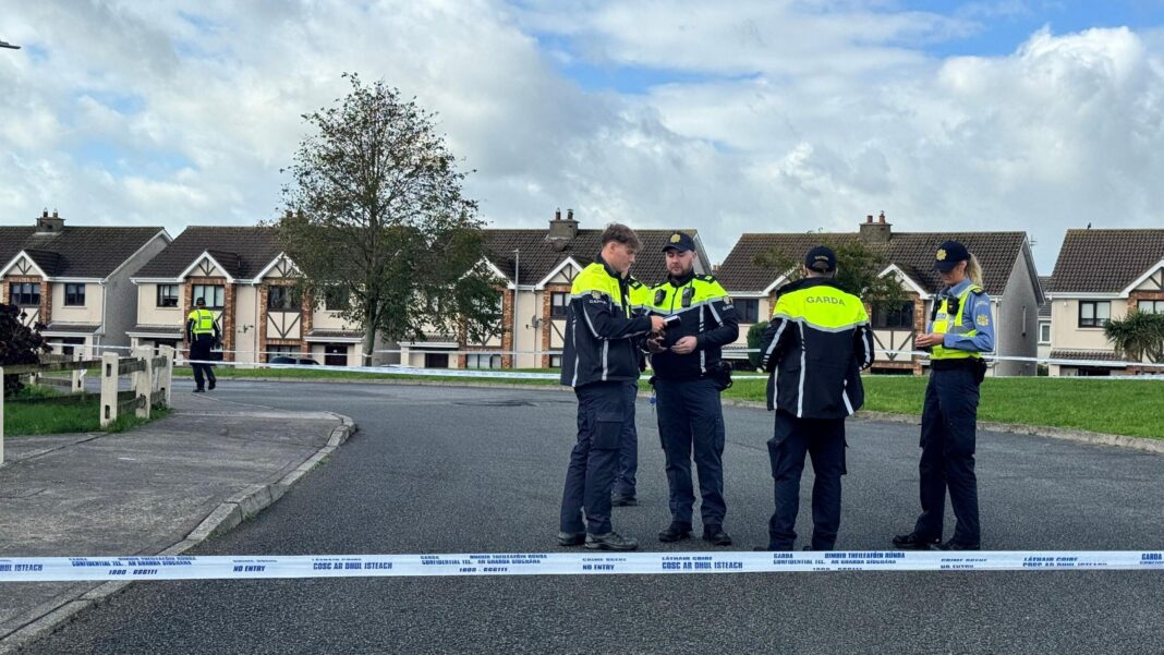 A group of gardaí stand holding a discussion behind a cordon in Birch Avenue, Waterford They are wearing navy uniforms with yellow high-vis shoulders or vests. There are semi-detached houses in the background.
