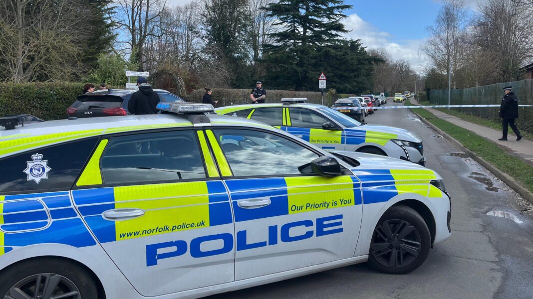 Stabbed schoolgirl in ‘panic mode’, court told Two marked fluorescent yellow, blue and white police cars. Blue and white police tape has been put across the road to cordon it off. There are police officers at the cordon.