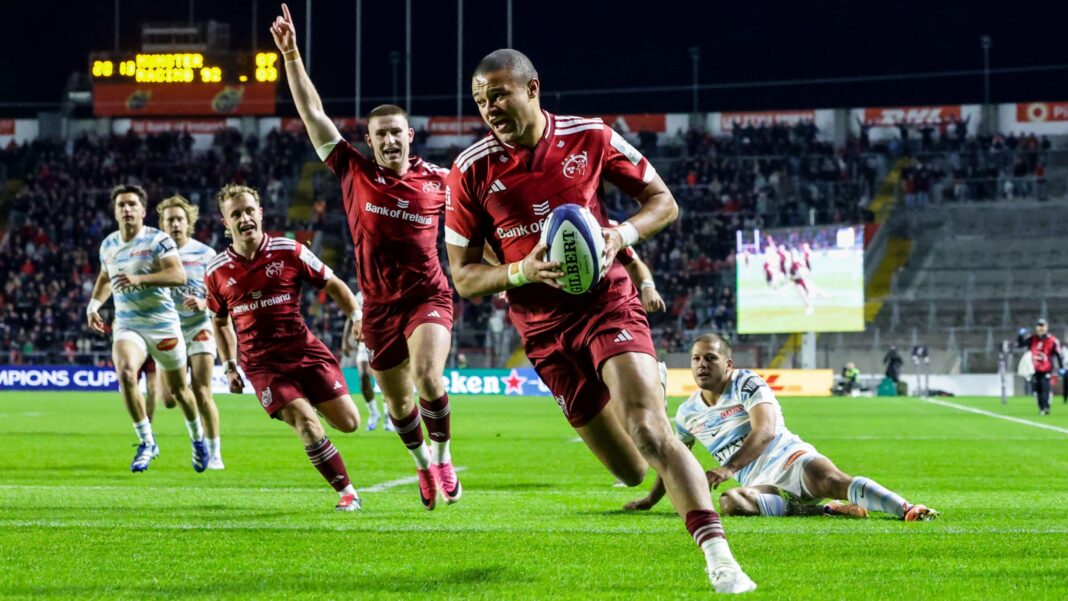 Munster hold on to beat Racing after Foley tributes Shay McCarthy carries the ball across the try-line as Munster team-mates celebrate in the background
